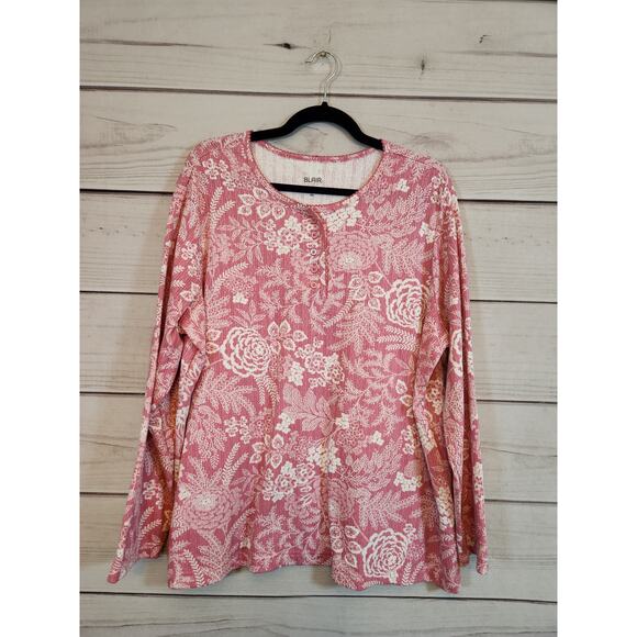 Blair Women's Pink White Floral Print Long Sleeve Round Neck Blouse Size 2XL‎ - Picture 1 of 6